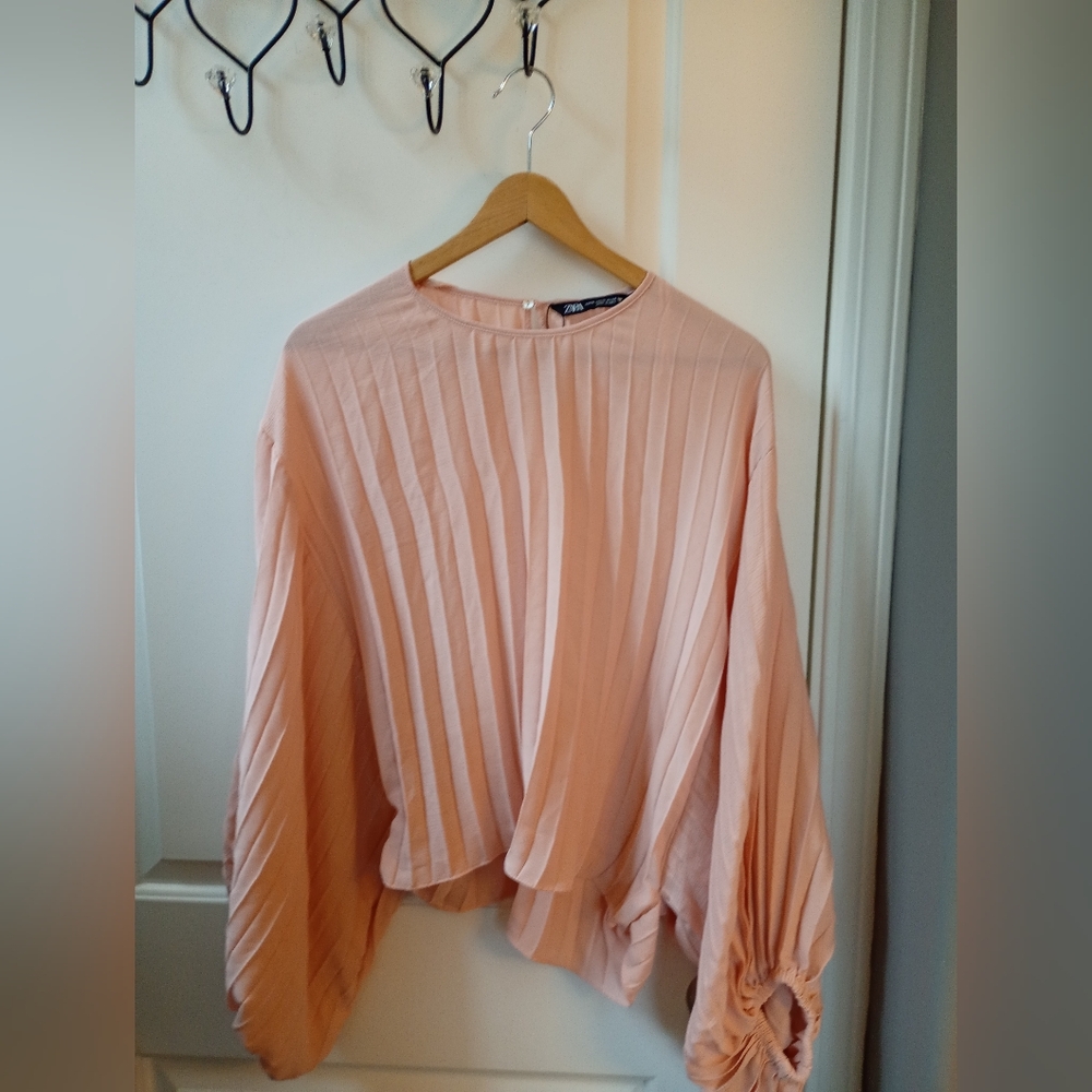 Zara Pale Pink Pleated Long-Sleeve Flowy Blouse (XS)